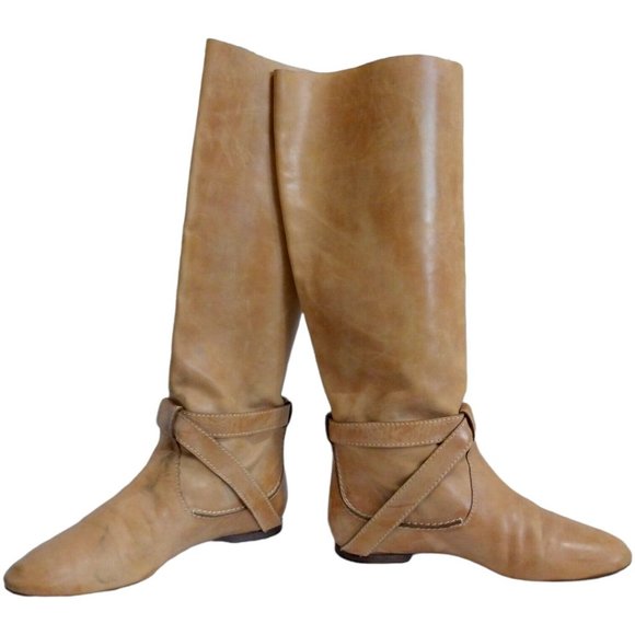 Chloe Womens Beige Tan Knee High Leather Boots Mid Calf EU 37 Slip-On Flat Heel - Picture 9 of 12